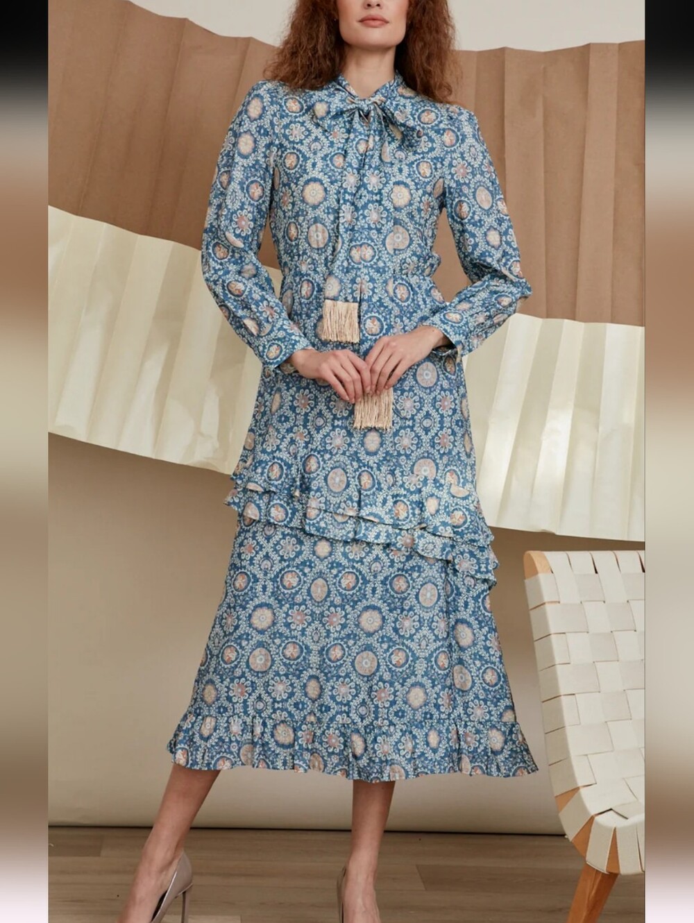 NWOT Portrait Courtney Blue Paisley Tie-Neck Midi Dress